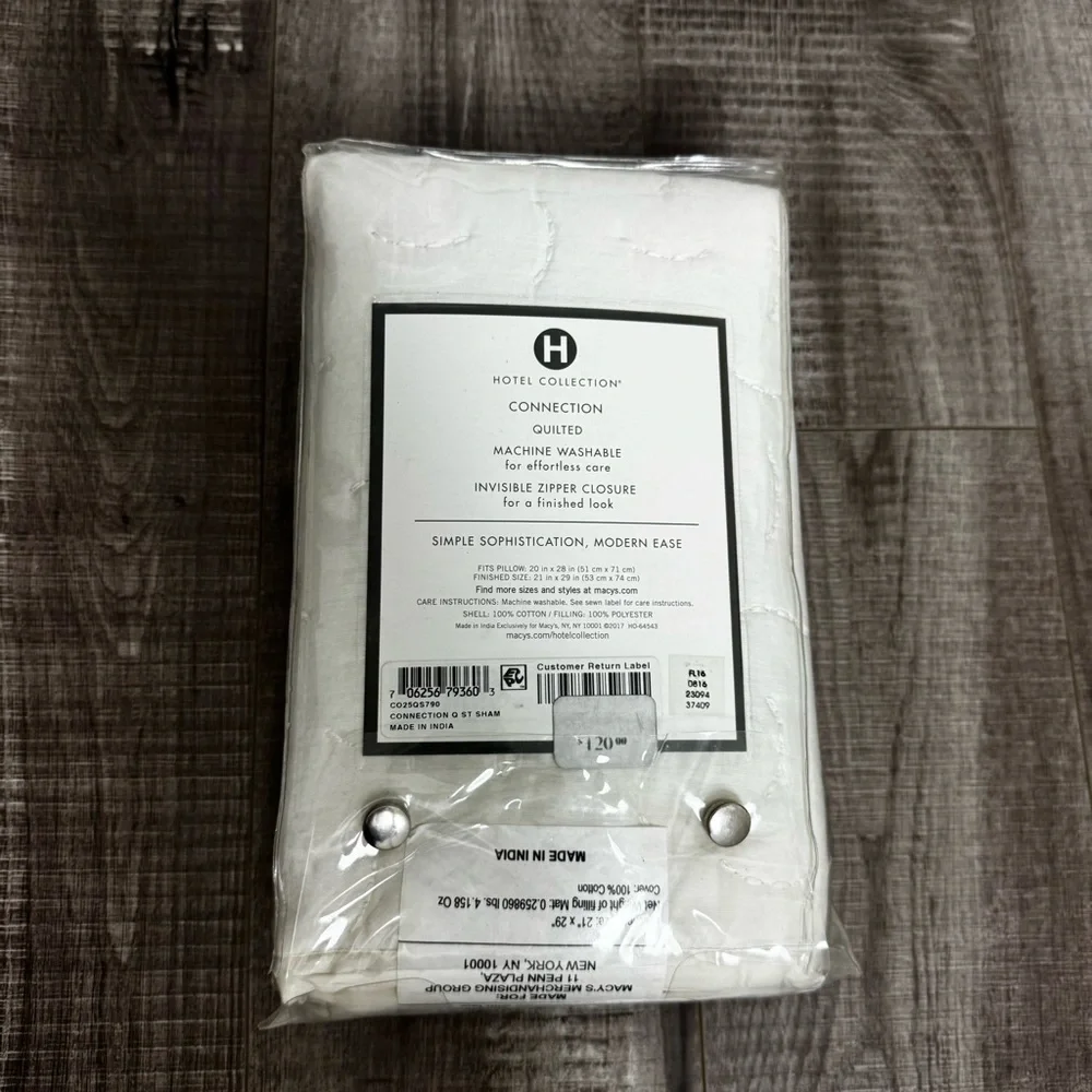 Hotel Collection Quilted Standard Pillowsham in White Zipper Closure NWT
